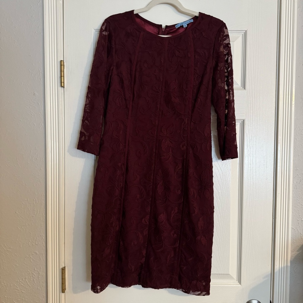 ANTONIO MELANI Burgundy Lace Sheath Dress 3/4 Sleeve Size: 10